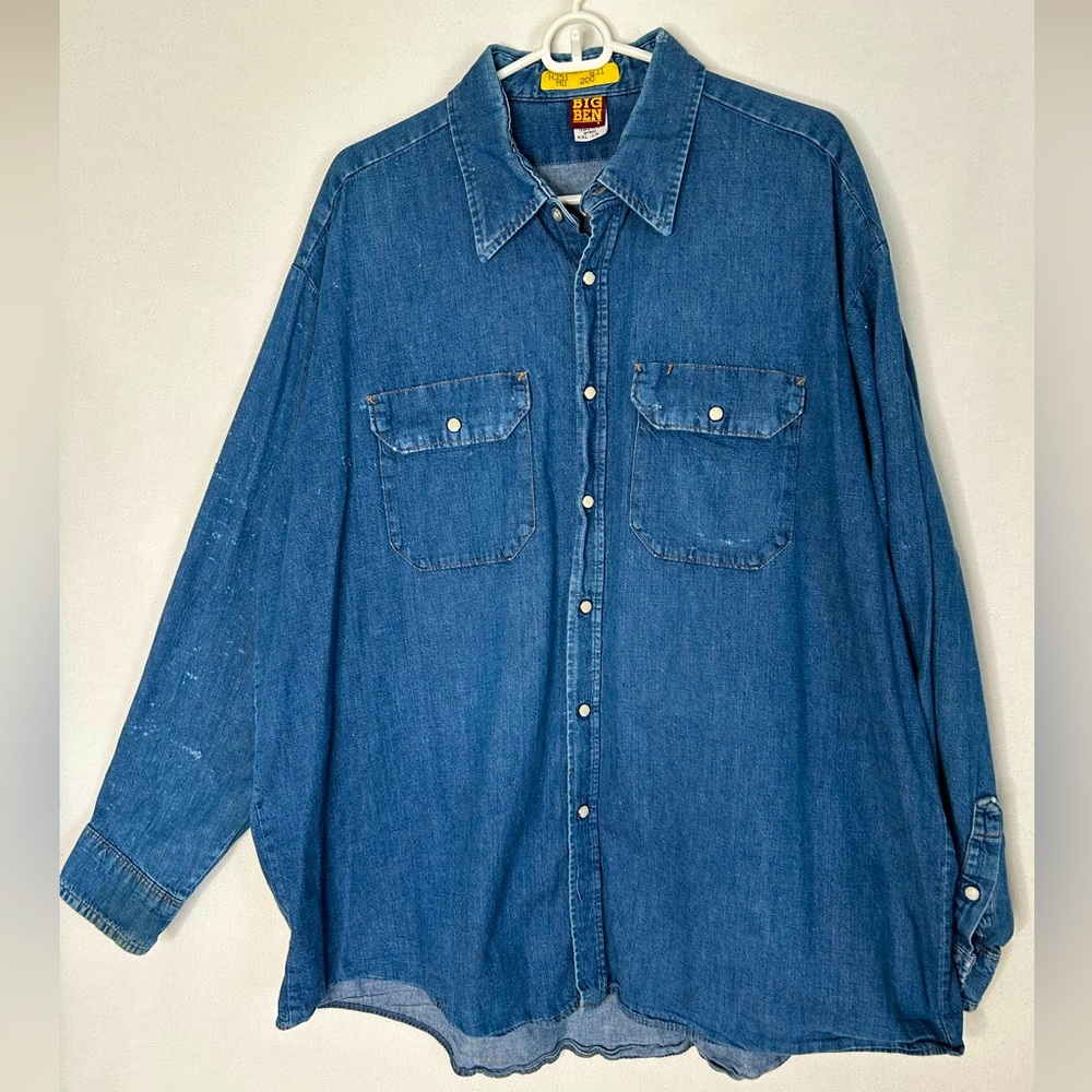 Vintage Big Ben Denim Shirt XXL Long Sleeve Western Pearl Snap USA Distressed